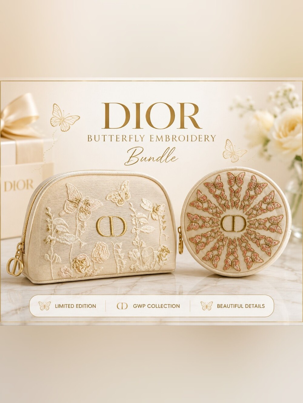 NEW Dior Butterfly Embroidered Cosmetic Pouch Bundle | 2 VIP/GWP Pouch Set